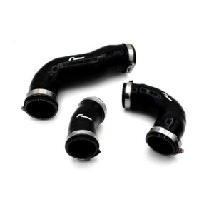Three curved black silicone engine hoses with silver metal clamps laid on a white background.