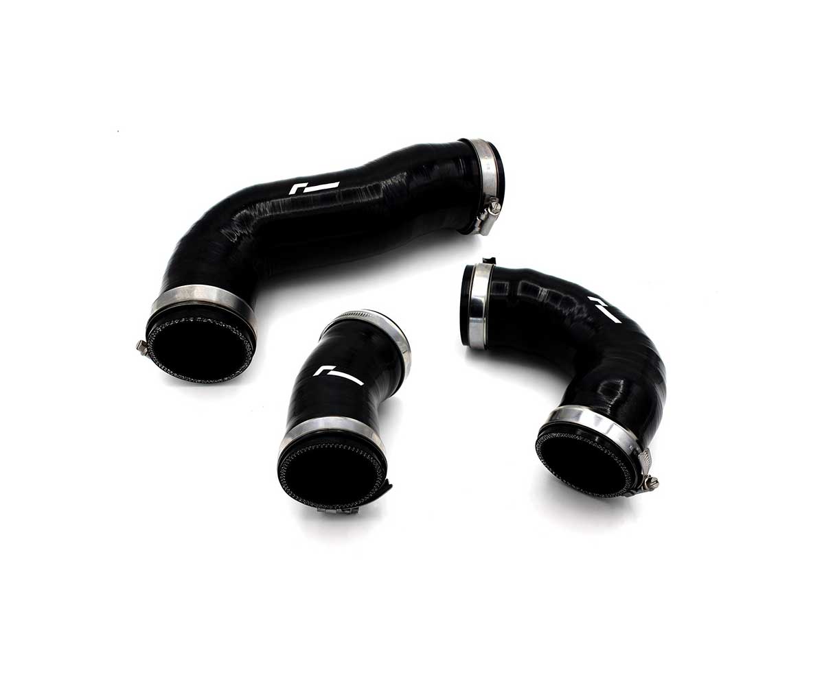 VWR140006-1jpg - OPSHOLDERS Three curved black silicone engine hoses with silver metal clamps laid on a white background.