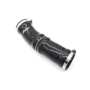 Curved black rubber hose with shiny metal clamps on both ends.