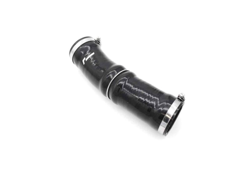Curved black rubber hose with shiny metal clamps on both ends.