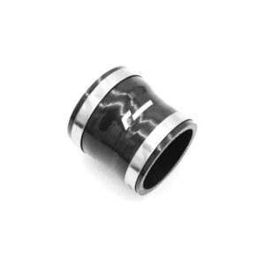 Black metal car exhaust tip with chrome bands on both ends against a white background.