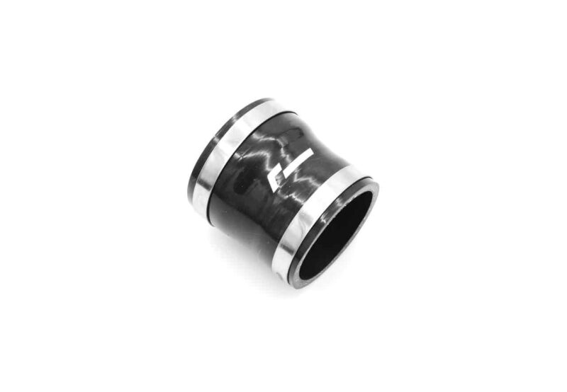 Black metal car exhaust tip with chrome bands on both ends against a white background.