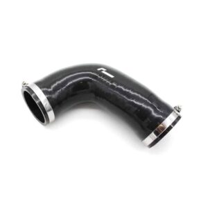 Curved black rubber intercooler hose with metal clamps on both ends against a white background