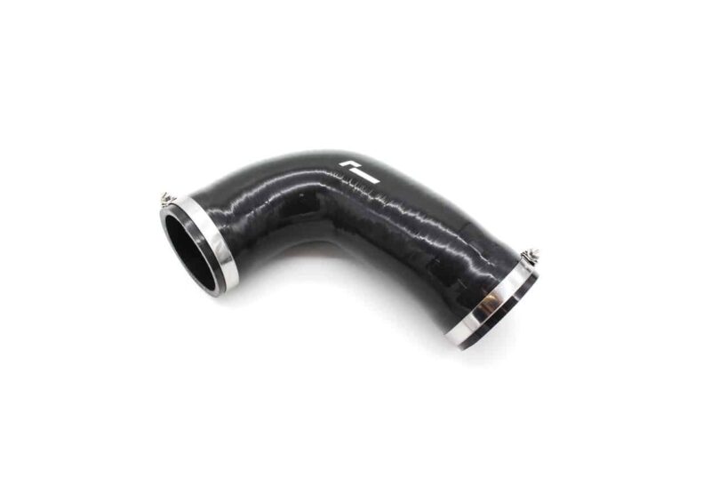 Curved black rubber intercooler hose with metal clamps on both ends against a white background