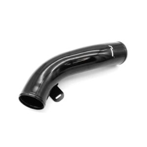 Black curved automotive intake elbow pipe with a mounting bracket