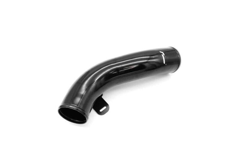 Black curved automotive intake elbow pipe with a mounting bracket