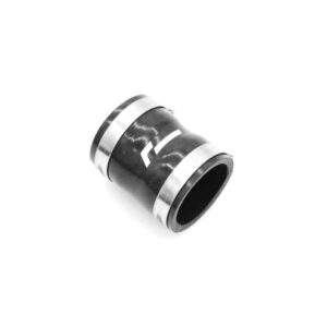 Cylindrical rubber hose coupling with silver metal bands on both ends.