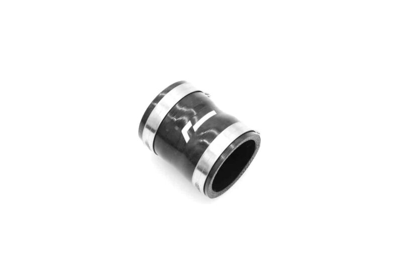 Cylindrical rubber hose coupling with silver metal bands on both ends.
