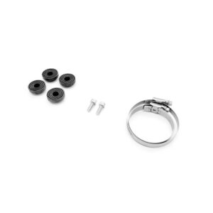 VWR140012_3-1jpg - OPSHOLDERS Set of four black rubber O-ring seals, two small screws, and a stainless steel hose clamp arranged on a white background.