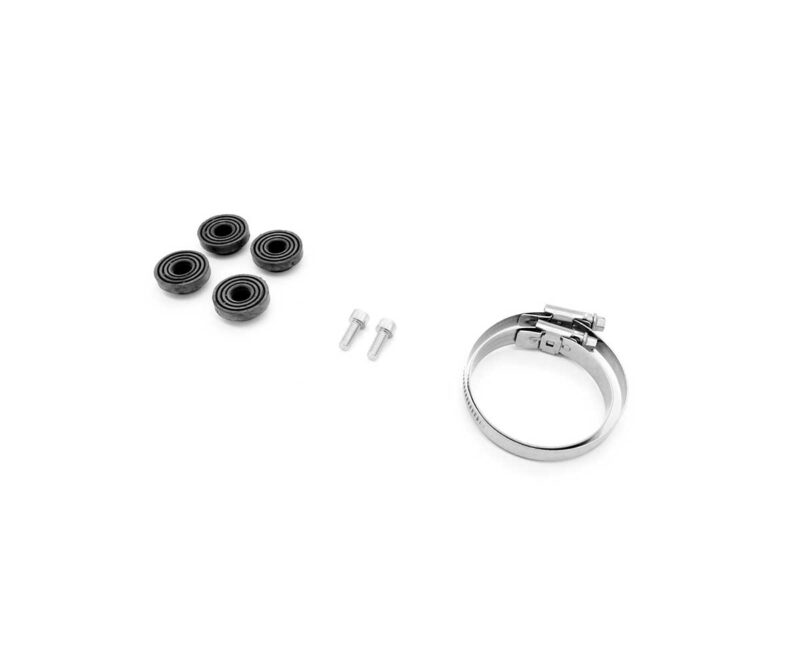 VWR140012_3-1jpg - OPSHOLDERS Set of four black rubber O-ring seals, two small screws, and a stainless steel hose clamp arranged on a white background.