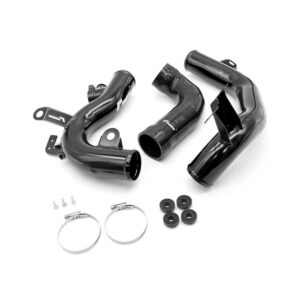 Car turbo intercooler piping kit with elbows, hoses, clamps, seals and screws on a white background.**Note:** concise description of components; communicates purpose and contents.