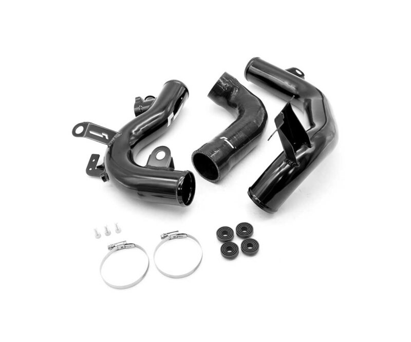 Car turbo intercooler piping kit with elbows, hoses, clamps, seals and screws on a white background.**Note:** concise description of components; communicates purpose and contents.