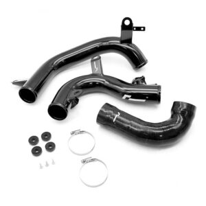 Black aftermarket car exhaust kit with curved pipes, mounting brackets, and clamps set against a white background, ready for installation