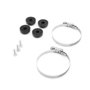 Two stainless steel hose clamps with four black rubber grommets and four small screws.