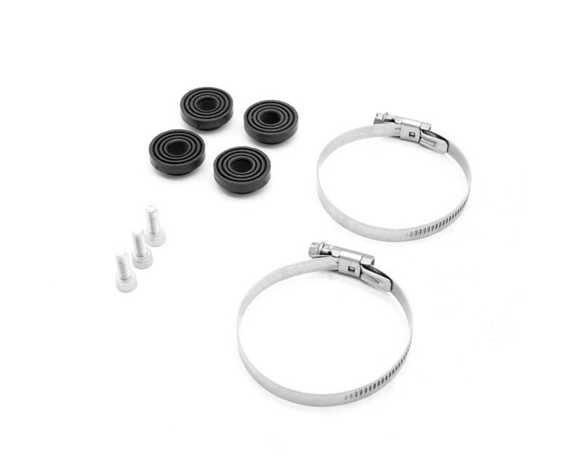 Two stainless steel hose clamps with four black rubber grommets and four small screws.