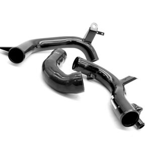 Two black curved automotive exhaust pipes with mounting brackets on a white background, shown as separate parts.
