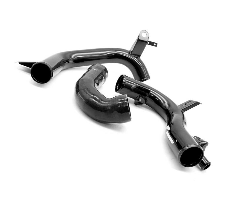 Two black curved automotive exhaust pipes with mounting brackets on a white background, shown as separate parts.