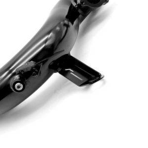 Close-up of a glossy black bicycle frame with a flat platform pedal attached to the crank against a white background.