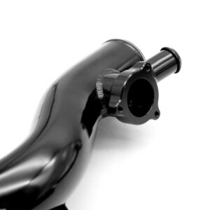 Black car exhaust pipe with a flange mounting and bolt holes, shown close-up.