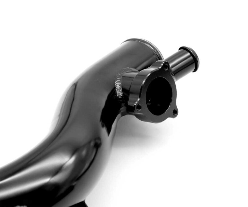 Black car exhaust pipe with a flange mounting and bolt holes, shown close-up.