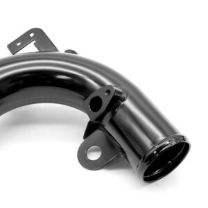 Curved black metal exhaust elbow with mounting brackets and flange end view on white background