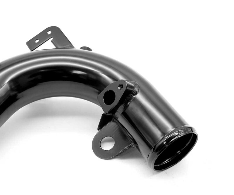 Curved black metal exhaust elbow with mounting brackets and flange end view on white background
