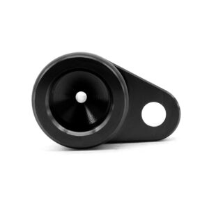 VWR140014_2jpg - OPSHOLDERS Black metal wheel pulley attached to a curved mounting arm with a large circular hole at the end