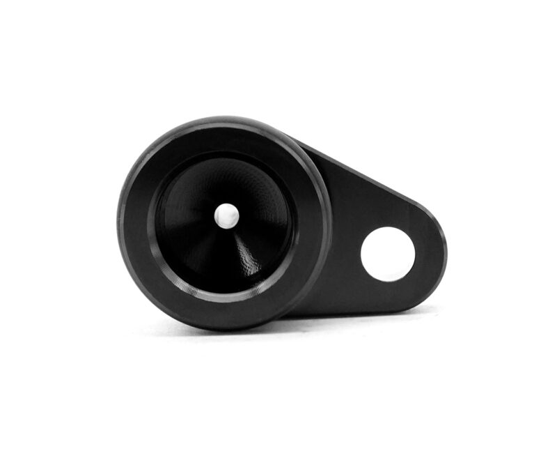 VWR140014_2jpg - OPSHOLDERS Black metal wheel pulley attached to a curved mounting arm with a large circular hole at the end