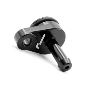 VWR140014_3jpg - OPSHOLDERS Close-up of a black machined pivot with a cylindrical shaft and mounting hole, a mechanical linkage component