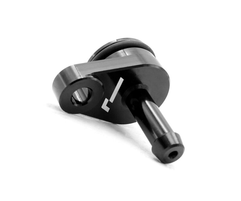 VWR140014_3jpg - OPSHOLDERS Close-up of a black machined pivot with a cylindrical shaft and mounting hole, a mechanical linkage component