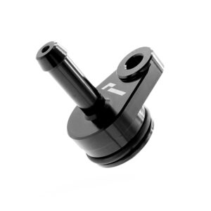 Black metal precision mounting component with two cylindrical pegs and a round base.