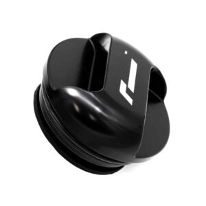 Black wireless earbud with wing tip, white logo, on white background as a product shot.
