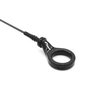 Black circular ring handle attached to a straight cable, a pull-tab device.