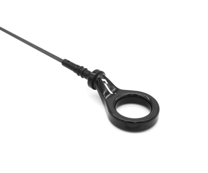 Black circular ring handle attached to a straight cable, a pull-tab device.