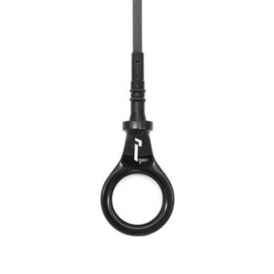 Close-up of a black circular grip connected to a straight rod, a handheld handle with a small white logo on the neck.