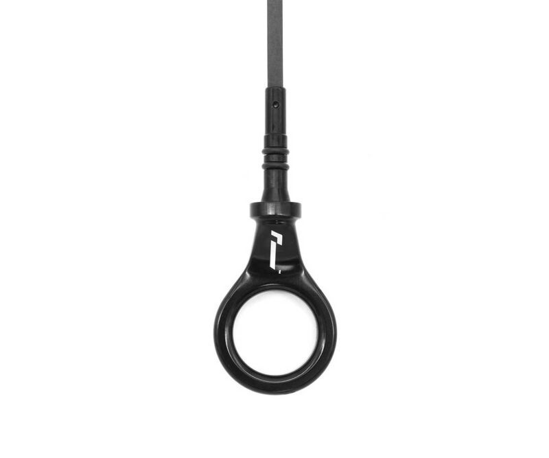 Close-up of a black circular grip connected to a straight rod, a handheld handle with a small white logo on the neck.