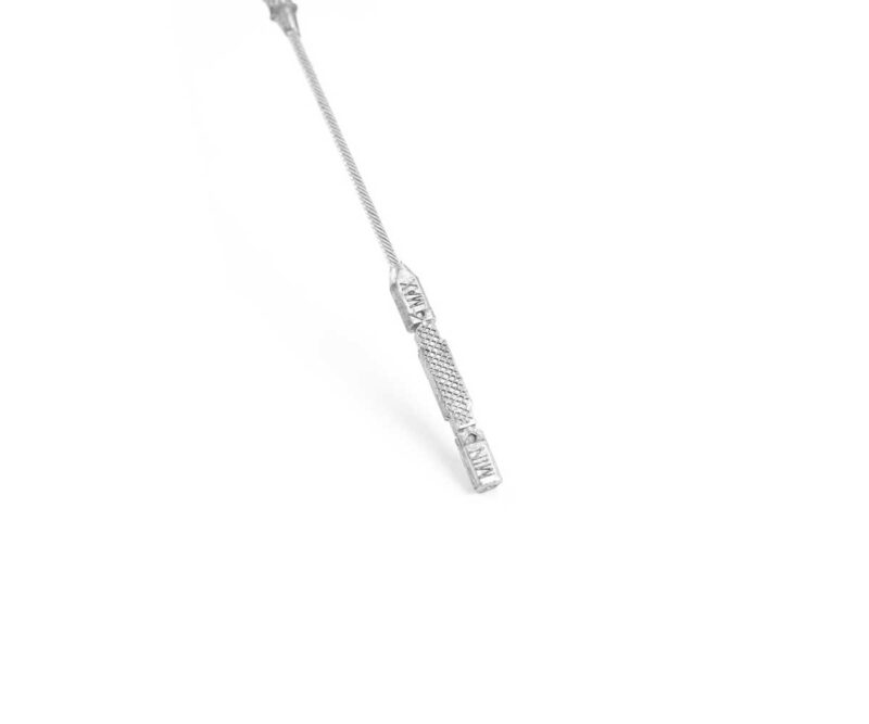 VWR190010_1jpg - OPSHOLDERS Close-up of a knurled metal cable clamp attached to a steel wire, set diagonally on a white background.