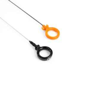 VWR190010_2jpg - OPSHOLDERS Two circular ring handles—black and orange—each attached to a thin cable on a white background.
