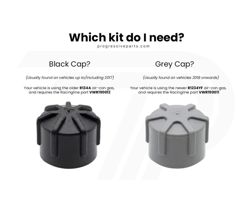 Comparison graphic showing Black Cap on the left and Grey Cap on the right with captions about vehicle compatibility and part numbers (R134A/VWR190012 vs R1234YF/VWR190011).
