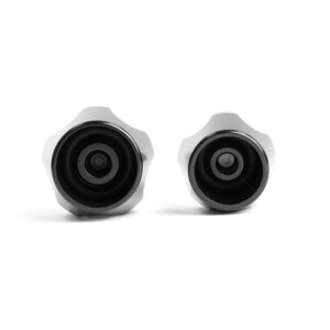 Pair of gray star-shaped knobs with black recessed centers on a white background.