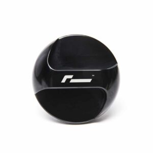 Shiny black spherical object with a white stylized logo around its midsection on a white background.
