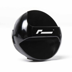 Close-up of a glossy black round device with a white stylized 'P' logo on its side.