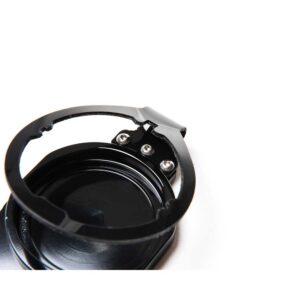 Close-up of a black camera lens mount with a circular ring and three visible screws on a white background