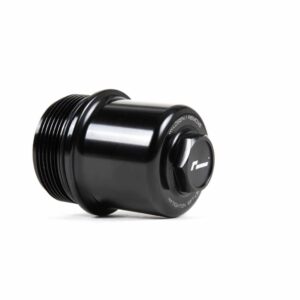 Black, threaded cylindrical valve cap with a built-in wrench feature; labeled 'Loosen / Remove' and 'Tighten' for bike tire valve maintenance.