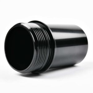 Black metal cylindrical tube with external threads on one end, resting on a white surface.