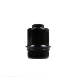 Black cylindrical bottle cap with external threads, isolated on a white background