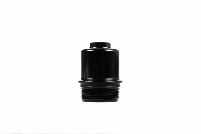 Black cylindrical bottle cap with external threads, isolated on a white background
