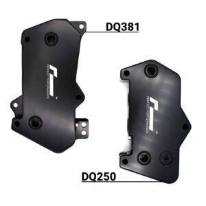 Two black machined parts with mounting holes, labeled DQ381 (left) and DQ250 (right) on a white background.