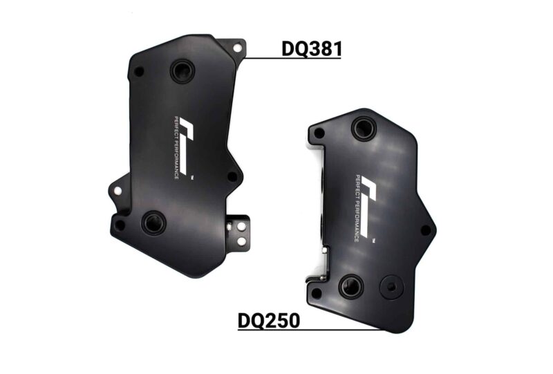 Two black machined parts with mounting holes, labeled DQ381 (left) and DQ250 (right) on a white background.