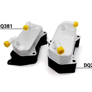 Pair of automotive transmission modules with yellow protective caps and cooling fins, labeled DQ381 and DQ250 as identifiers.